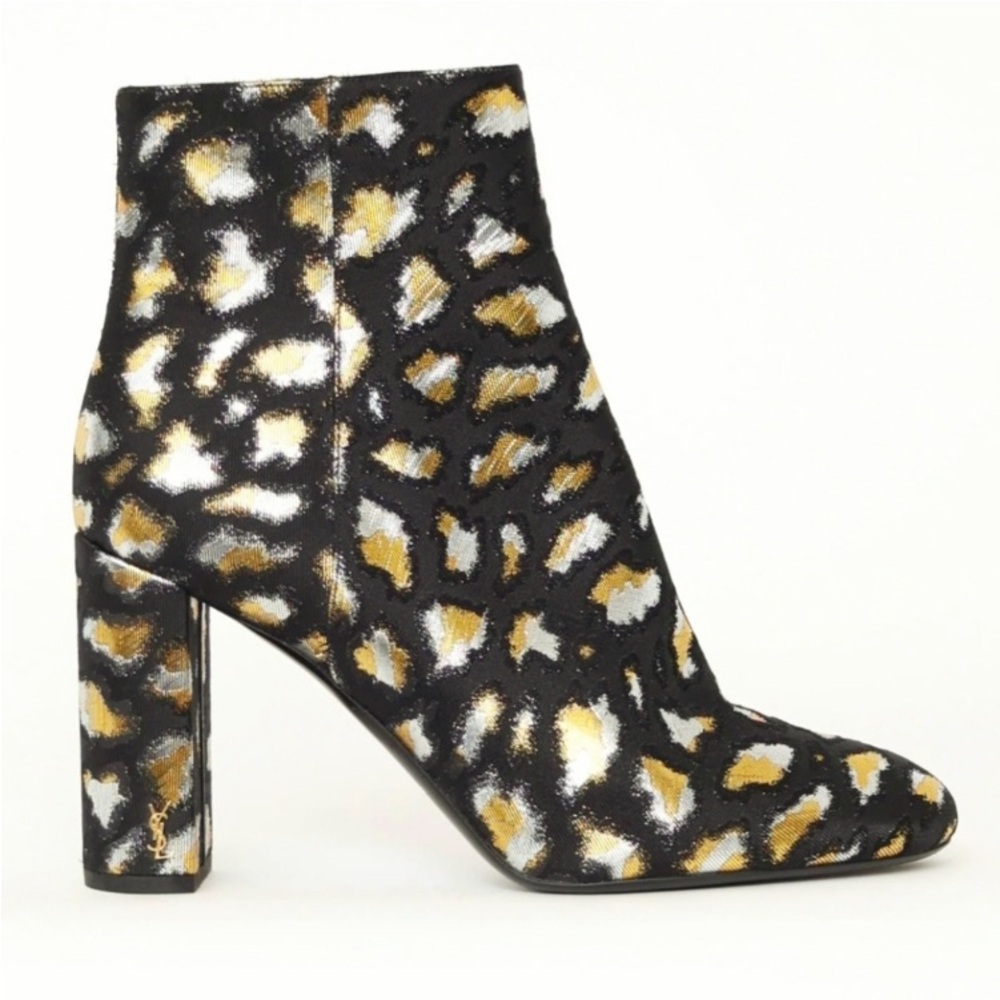 Saint Laurent Black Gold Metallic YSL Logo Loulou Ankle Boots Size 5 1/2